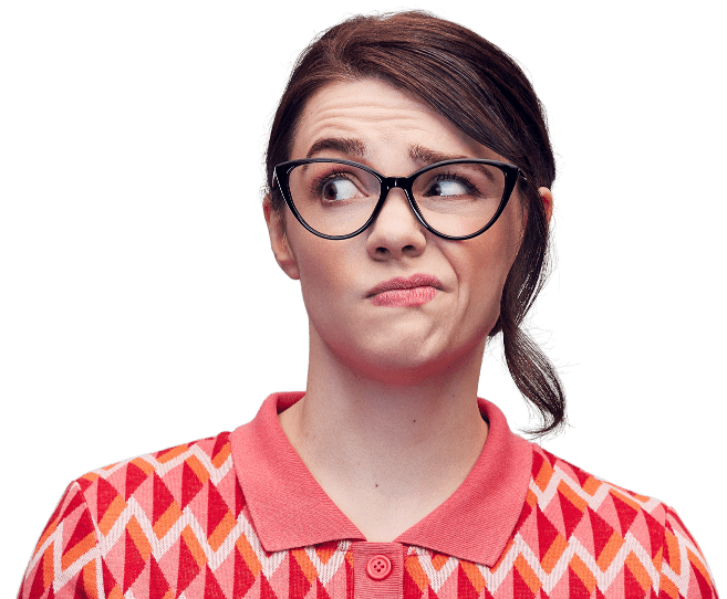 Confused Woman in a Red Patterned Shirt with Glasses